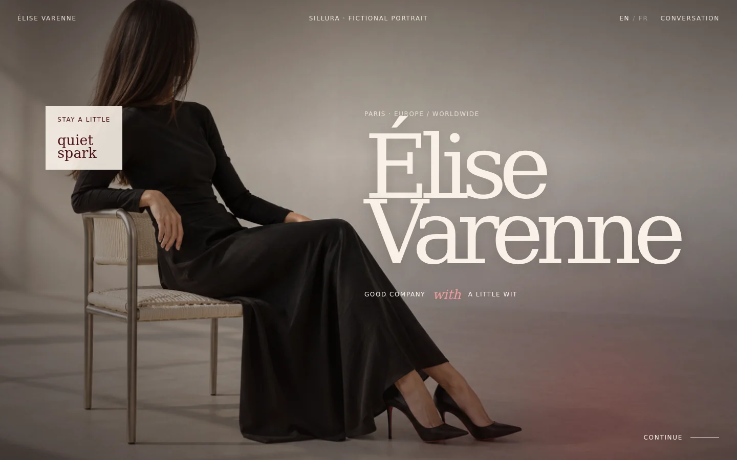 Élise Varenne’s fictional Parisian website: a face-hidden seated studio portrait, an oversized Élise Varenne title and an English/French language control.